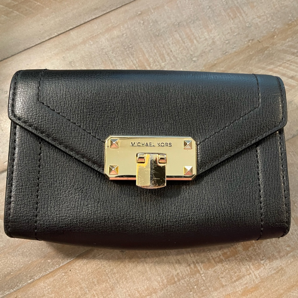 Michael Kors Kinsley Small Black Leather Belt Bag with Gold Accent
